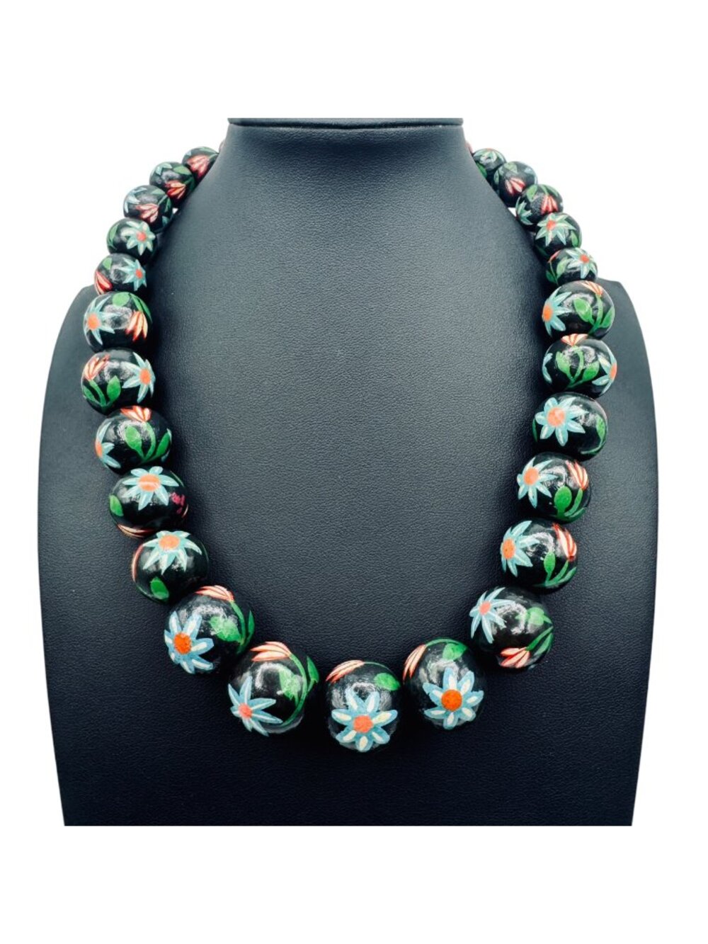 Vintage Chunky Hand Painted Wood  Bead Necklace Black Multi-Color Floral BOHO